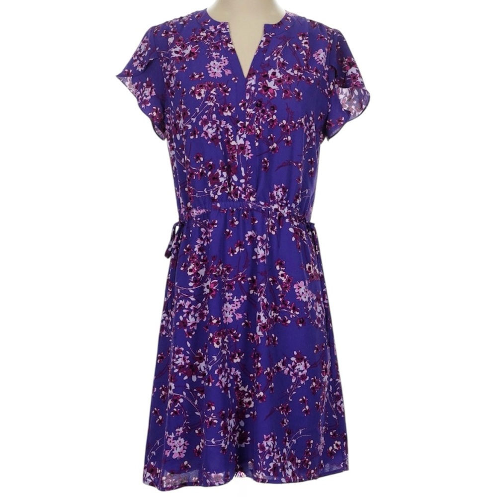 Stitch Fix 41 Hawthorn Celia Purple Floral Dress Flutter Sleeve Side Ties Large